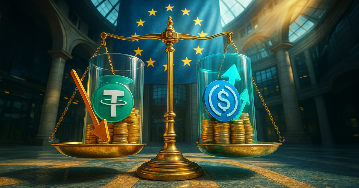 a golden balance scale in an EU atrium where a glass canister with the green Tether logo sinks with a downward arrow while a blue USDC canister rises with upward arrows, all rendered in vivid teal, gold, and azure with crisp, photorealistic metal and glass textures.