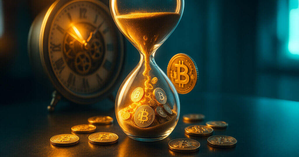 A luminous, hyperreal hourglass on a sleek desk pours glittering golden sand that morphs into detailed Bitcoin coins and logos, with a softly glowing antique clock and subtle mechanical gears in the background, bathed in vibrant gold, teal, and deep cyan light, 16:9, mid-to-high key, no text.