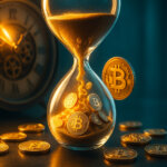 A luminous, hyperreal hourglass on a sleek desk pours glittering golden sand that morphs into detailed Bitcoin coins and logos, with a softly glowing antique clock and subtle mechanical gears in the background, bathed in vibrant gold, teal, and deep cyan light, 16:9, mid-to-high key, no text.