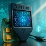 product shot of Trezor Safe 7 on a glossy surface with a luminous teal–violet lab backdrop, its screen showing a glowing lock motif as a transparent PCB reveals dual secure chips beside a USB-C cable and subtle Bluetooth icon.