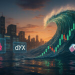 A hyperrealistic dusk city harbor with a towering ocean wave made of glowing green and red candlesticks surges toward shore, holographic Uniswap, dYdX, and SushiSwap logos hovering above the reflective water to evoke $1T DEX volume amid volatility.