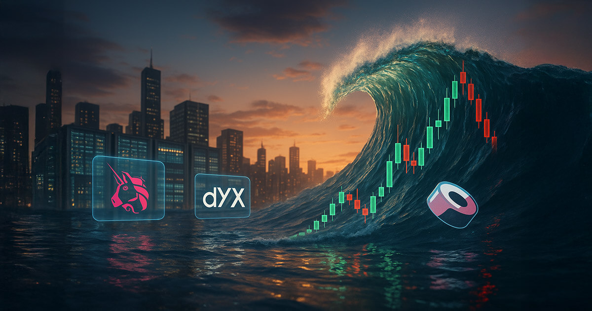A hyperrealistic dusk city harbor with a towering ocean wave made of glowing green and red candlesticks surges toward shore, holographic Uniswap, dYdX, and SushiSwap logos hovering above the reflective water to evoke $1T DEX volume amid volatility.