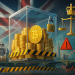 London scene shows a massive padlocked evidence case of gold Bitcoins over the Thames with Union Jack light, a crown-and-scales icon, caution stripes, and a jagged risk graph hinting at 61k BTC in legal limbo.