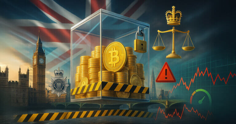 London scene shows a massive padlocked evidence case of gold Bitcoins over the Thames with Union Jack light, a crown-and-scales icon, caution stripes, and a jagged risk graph hinting at 61k BTC in legal limbo.