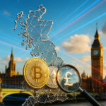 Bitcoin and Ethereum coins ensnared in a wire UK-shaped net on a stone embankment beside the Thames, with Parliament and Big Ben in crisp daylight and structured blue-red data lines arcing overhead toward a magnifying glass with a pound symbol—no text visible, only logos and objects.
