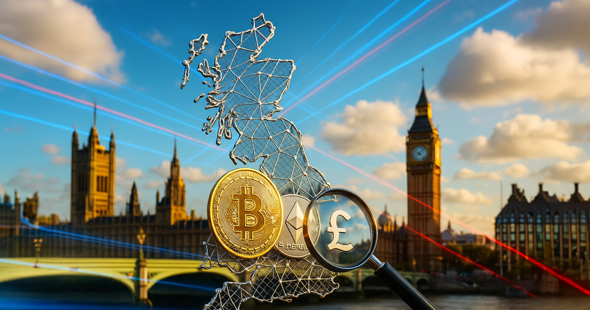 Bitcoin and Ethereum coins ensnared in a wire UK-shaped net on a stone embankment beside the Thames, with Parliament and Big Ben in crisp daylight and structured blue-red data lines arcing overhead toward a magnifying glass with a pound symbol—no text visible, only logos and objects.