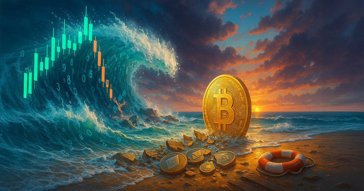 A bright, cinematic 16:9 scene shows a towering golden Bitcoin standing firm on a sunlit shoreline while a vivid teal-and-orange candlestick wave—woven with numbers—crashes through scattered Ethereum, Solana, and altcoin tokens, suggesting a temporary washout amid a clearing sky.