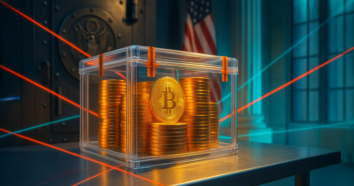 evidence room shows stacks of glowing Bitcoin locked inside a clear tamper-sealed crate on a steel table, with laser security lines, a vault door, courthouse columns, and a softly lit U.S. flag in the background.