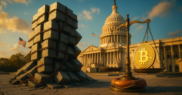 outdoor scene shows a teetering tower of chained concrete “debt” blocks before the U.S. Capitol as a brass scale tips toward a gleaming Bitcoin medallion resting on a lifebuoy.
