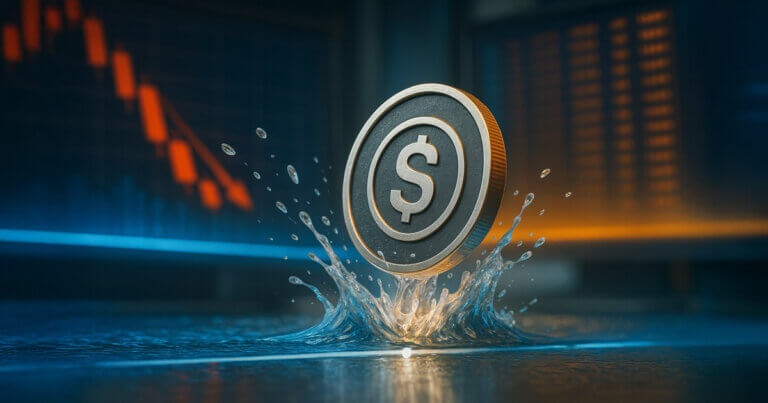 A photorealistic USDe coin splashes along a glowing peg line on a trading desk, lit with the same electric blues, teals, and amber tones while blurred monitors show red candlesticks in the background.