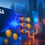 A bright, cinematic 16:9 scene shows a glossy Visa card transforming into glowing blockchain rails that route programmable stablecoin payments to a phone wallet and point-of-sale terminal, with USDC-like coins flowing through vivid blue, cyan, gold, and magenta nodes.