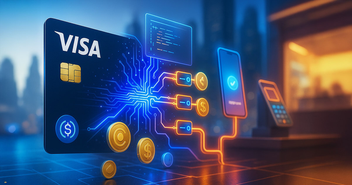 A bright, cinematic 16:9 scene shows a glossy Visa card transforming into glowing blockchain rails that route programmable stablecoin payments to a phone wallet and point-of-sale terminal, with USDC-like coins flowing through vivid blue, cyan, gold, and magenta nodes.