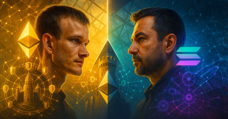 Vitalik Buterin and Anatoly Yakovenko in sharp three-quarter profiles facing across a bright divide, with a warm gold ETH side of shielded validator webs and beacon motifs opposing a cool teal-purple SOL side of sleek node lattices and the glowing Ethereum and Solana logos.