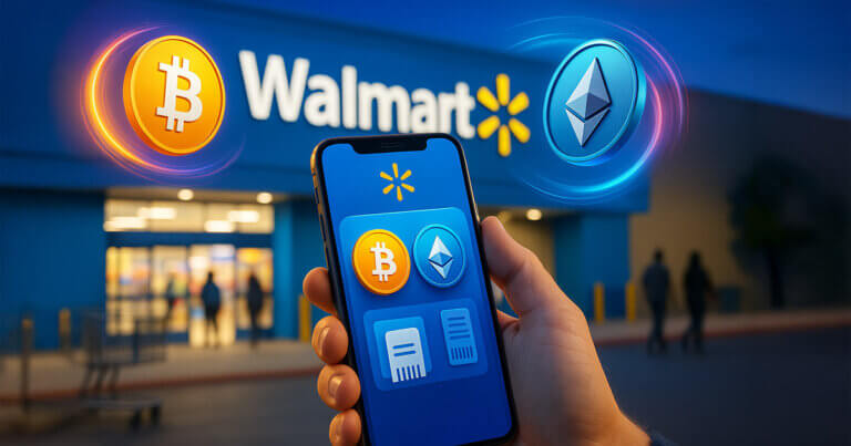 A bright, cinematic 16:9 scene shows a hand holding a smartphone with the OnePay app in front of a well-lit Walmart storefront, as glowing Bitcoin and Ethereum coins swirl in midair with vivid blue, yellow, and magenta light trails.