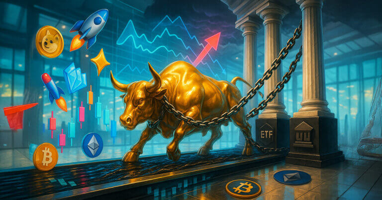 A gleaming golden bull strains against chains tethered to marble bank columns while riding a glossy candlestick conveyor, surrounded by bright meme tokens and soaring arrows beneath a ceiling of translucent macro graphs in a high-key, teal-and-gold trading floor.