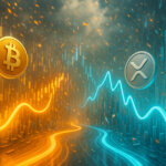 A bright, cinematic 16:9 scene shows a split marketscape where a smooth golden BTC price wave arcs steadily on the left while a sharper teal XRP wave zigzags on the right, with both coins’ logos hovering above luminous candlestick skyscrapers to symbolize their contrasting moves during volatility.