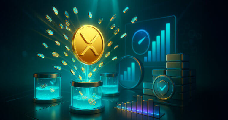 A bright 16:9 cinematic DeFi lab shows a luminous XRP emblem minting streams of tokens into glowing liquidity pools beside rising bar charts and a security shield, symbolizing mXRP’s $30M supply milestone.