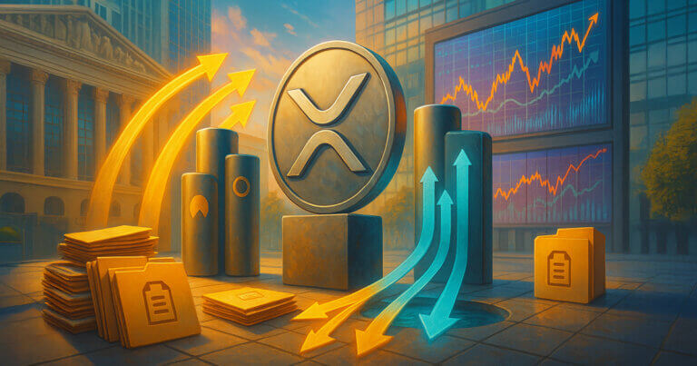 Bright, cinematic financial-plaza scene with a matte XRP emblem receiving twin and triple arrow streams from stylized ETF pillars—gold arcs for long leverage and teal arcs for short—amid stacks of filing folders and abstract market screens.