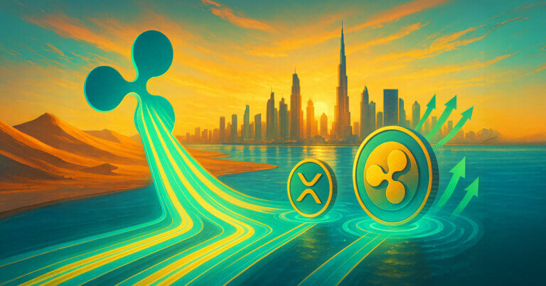 Ripple’s logo sending teal-gold liquidity streams across desert water into connected XRP and RLUSD coin pools as green arrows rise over a Gulf skyline at sunset.