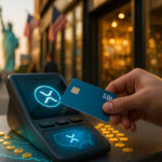 hand tapping an SBI prepaid card on an XRP-lit POS terminal on a sunlit New York sidewalk, with crisp coin glints, realistic reflections, and the Statue of Liberty softly blurred in the background to dramatize XRPL’s return to U.S. rails.