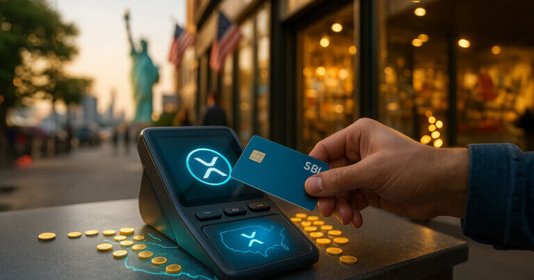 hand tapping an SBI prepaid card on an XRP-lit POS terminal on a sunlit New York sidewalk, with crisp coin glints, realistic reflections, and the Statue of Liberty softly blurred in the background to dramatize XRPL’s return to U.S. rails.