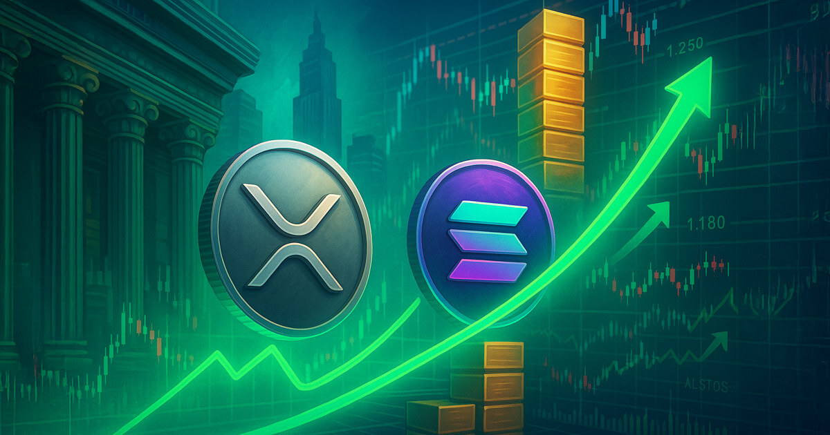 Cinematic trading-floor scene with luminous XRP and Solana coins rising along bright green open-interest arcs beside stacked contract blocks and marble columns hinting at institutional flow.