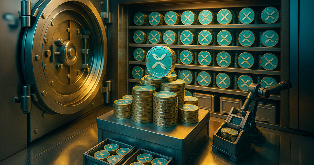 Open institutional vault filled with neatly stacked XRP coins in teal-and-gold tones, stainless-steel shelves, and a robotic arm sorting coins under bright, even lighting.