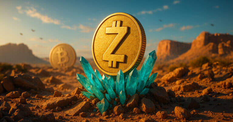 a gleaming Zcash coin erupting from turquoise crystals in a sunlit desert canyon with a muted Bitcoin disk blurred in the background, symbolizing a privacy-powered resurgence.