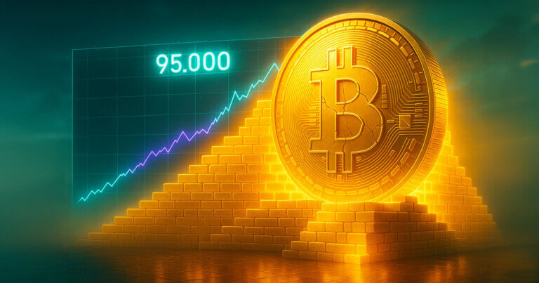 a towering golden Bitcoin wall built of glowing bricks at the 95k level