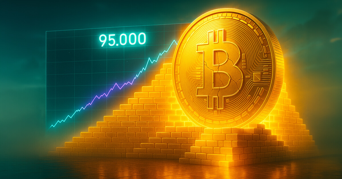 a towering golden Bitcoin wall built of glowing bricks at the 95k level