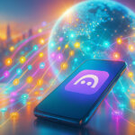 A glowing smartphone displaying the Aave app logo sits on a reflective desk as radiant networks of multicolored light stream outward into a bright city-and-globe backdrop, symbolizing mass DeFi adoption.