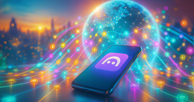 A glowing smartphone displaying the Aave app logo sits on a reflective desk as radiant networks of multicolored light stream outward into a bright city-and-globe backdrop, symbolizing mass DeFi adoption.