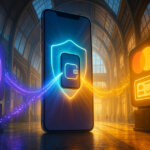 a giant smartphone wallet glows as a lavender Aave logo (updated per upload) and a Mastercard verified-ID panel beam purple and golden streams into it,