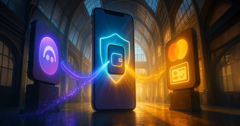 a giant smartphone wallet glows as a lavender Aave logo (updated per upload) and a Mastercard verified-ID panel beam purple and golden streams into it,