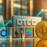 a trading-desk surface features glass cubes with Chainlink, Ethereum, and the official Solana tricolor bars logo beside a gleaming Bitcoin coin and a metallic DTCC plaqu