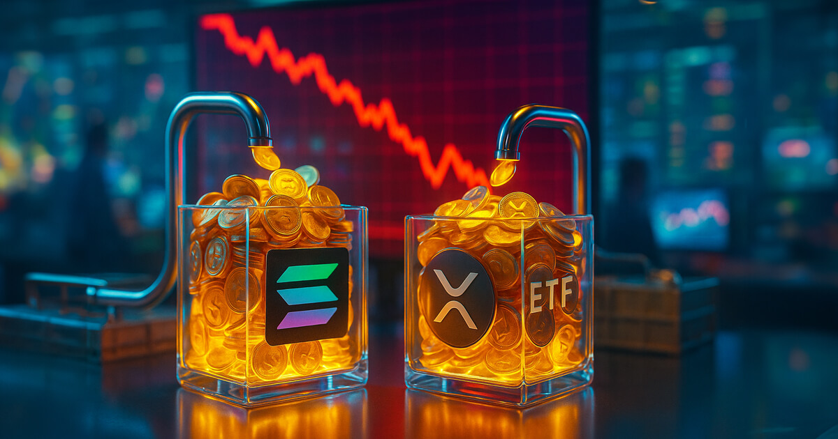 Two glowing faucets pour golden coins into glass bins labeled Solana and XRP ETF, set against a red falling market chart in a trading room.