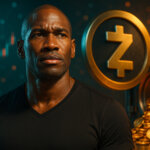 A hyper-realistic, cinematic portrait of Arthur Hayes glows in teal-and-amber light beside a polished Zcash shield and an open vault spilling ZEC coins, emphasizing the urgency to “withdraw and shield” without text.