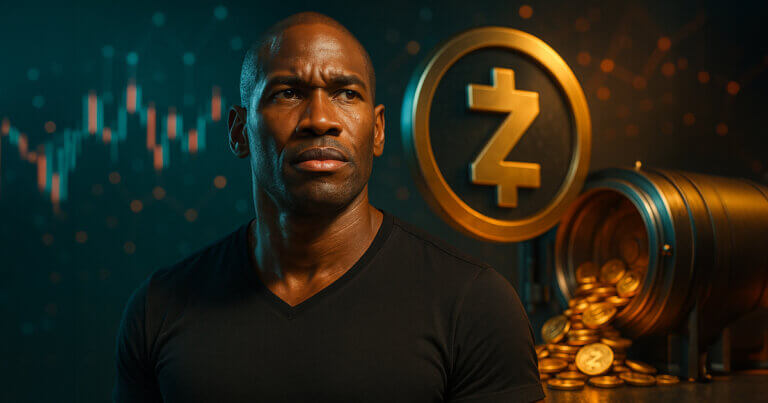 A hyper-realistic, cinematic portrait of Arthur Hayes glows in teal-and-amber light beside a polished Zcash shield and an open vault spilling ZEC coins, emphasizing the urgency to “withdraw and shield” without text.