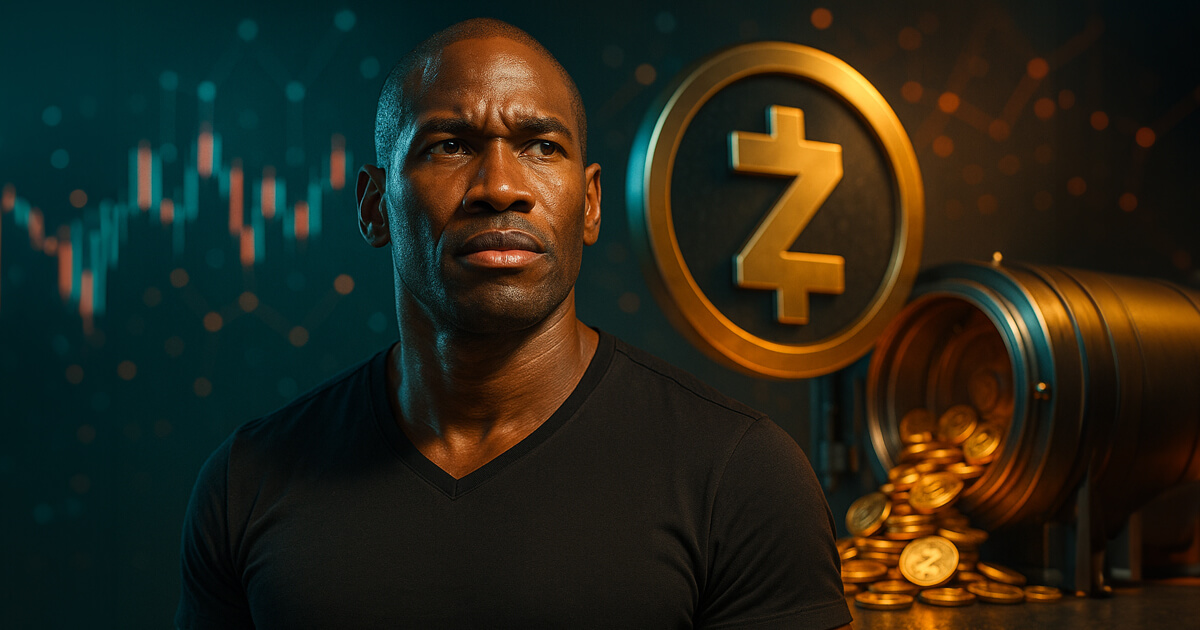 A hyper-realistic, cinematic portrait of Arthur Hayes glows in teal-and-amber light beside a polished Zcash shield and an open vault spilling ZEC coins, emphasizing the urgency to “withdraw and shield” without text.
