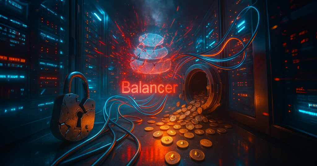a cracked padlock and glowing cables spilling coins from a breached vault in a neon-lit server room as the fractured Balancer logo flickers amid dramatic, soft-glow lighting.