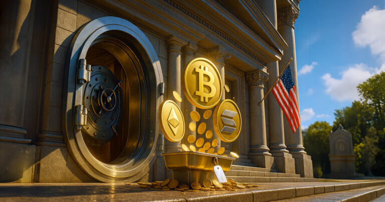 A sunlit neoclassical bank with an open vault receives a stream of Bitcoin, Ethereum, and Solana coins through a glowing green conduit, symbolizing regulatory clearance for custody.