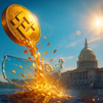 A giant golden Binance coin pours a sparkling cascade into a glass U.S.-shaped basin before the Capitol under bright teal skies