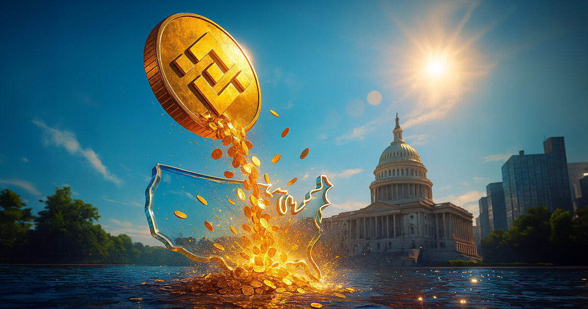 A giant golden Binance coin pours a sparkling cascade into a glass U.S.-shaped basin before the Capitol under bright teal skies