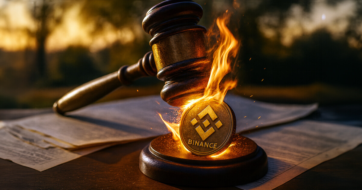 A wooden judge’s gavel strikes a burning Binance coin on a block of legal documents, symbolizing regulatory heat and legal pressure on the exchange.