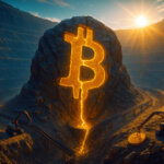 A sunrise floods an open-pit mine as a giant rock face carved like the Bitcoin symbol leaks a last molten thread of gold into a crucible while idle excavators ring the terraced walls.