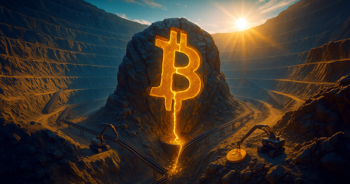 A sunrise floods an open-pit mine as a giant rock face carved like the Bitcoin symbol leaks a last molten thread of gold into a crucible while idle excavators ring the terraced walls.