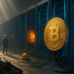 a vast industrial hall shows rows of blue-lit AI server racks replacing older mining rigs, a glowing gold Bitcoin emblem wired into an illuminated chip, robotic arms and helmeted workers moving discarded ASICs along a conveyor, and sunbeams pouring through skylights to create a soft, dramatic haze.