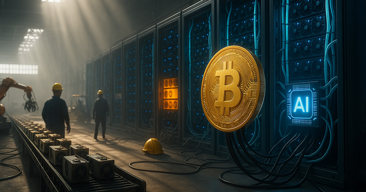 a vast industrial hall shows rows of blue-lit AI server racks replacing older mining rigs, a glowing gold Bitcoin emblem wired into an illuminated chip, robotic arms and helmeted workers moving discarded ASICs along a conveyor, and sunbeams pouring through skylights to create a soft, dramatic haze.
