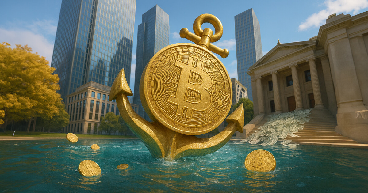 a massive golden Bitcoin-anchor emerging from rippling turquoise water in front of glass skyscrapers and a neoclassical building spilling rivers of paper money down its steps under a bright blue sky.