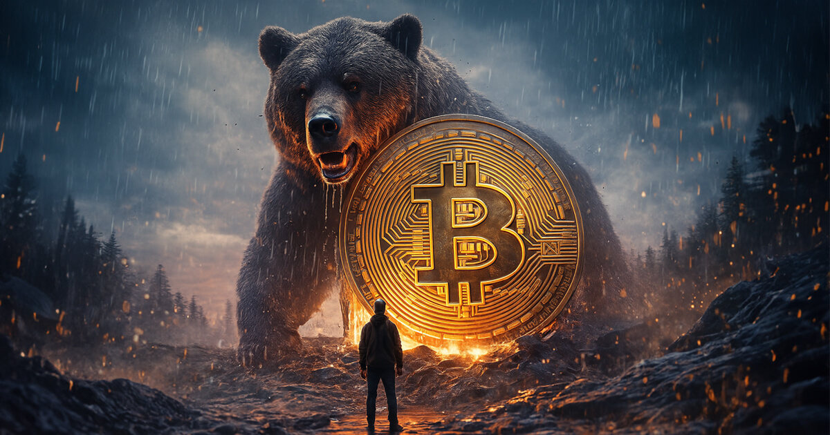 A massive bear towers over a glowing gold Bitcoin coin during a storm, as a lone figure stands in front of it on a dark, rocky landscape.